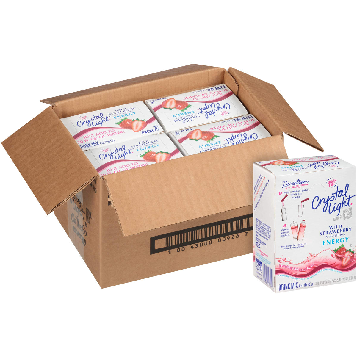 Crystal Light Wild Strawberry energy drink mix canisters arranged for storage