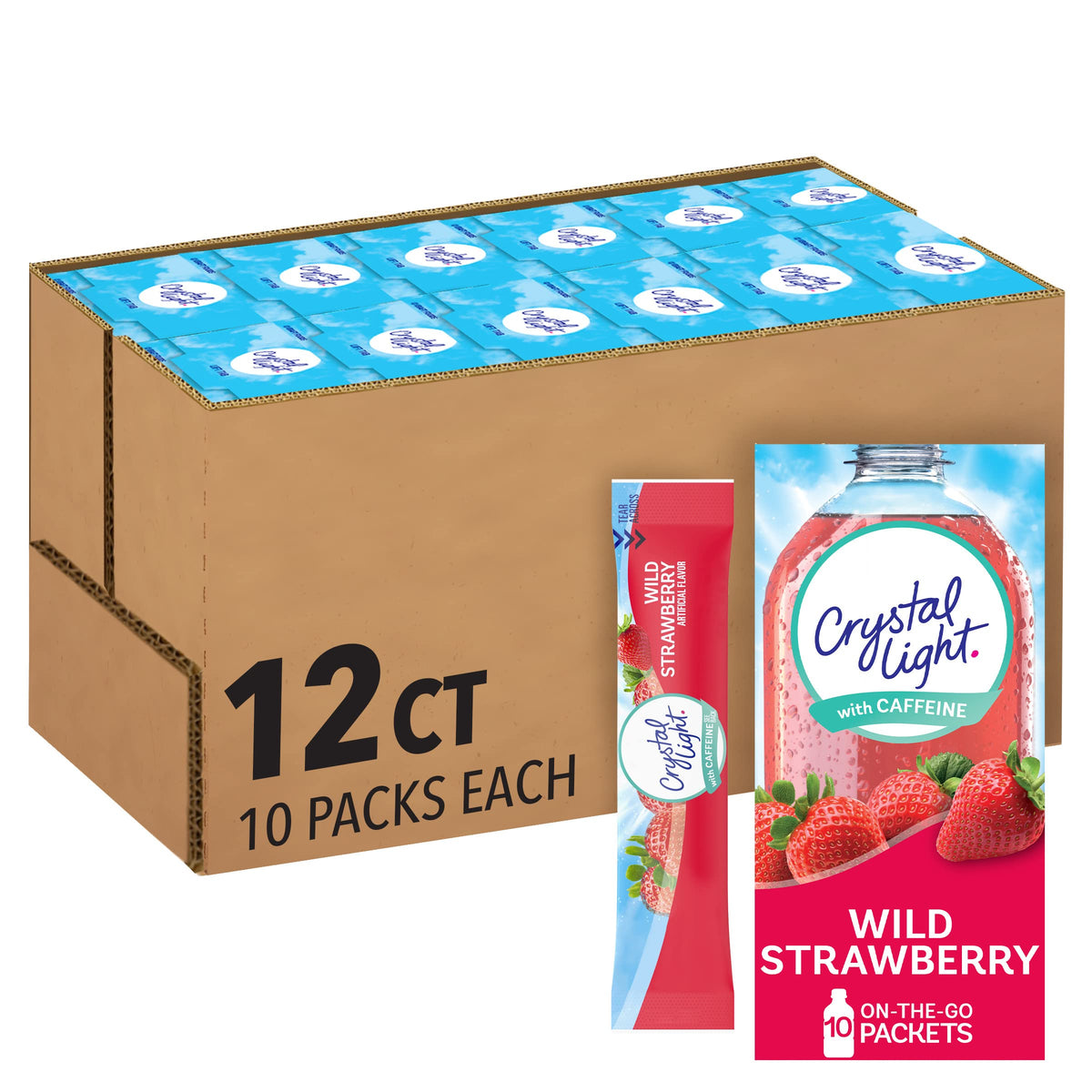 Crystal Light Wild Strawberry on-the-go packet poured into water for a quick refreshing drink.