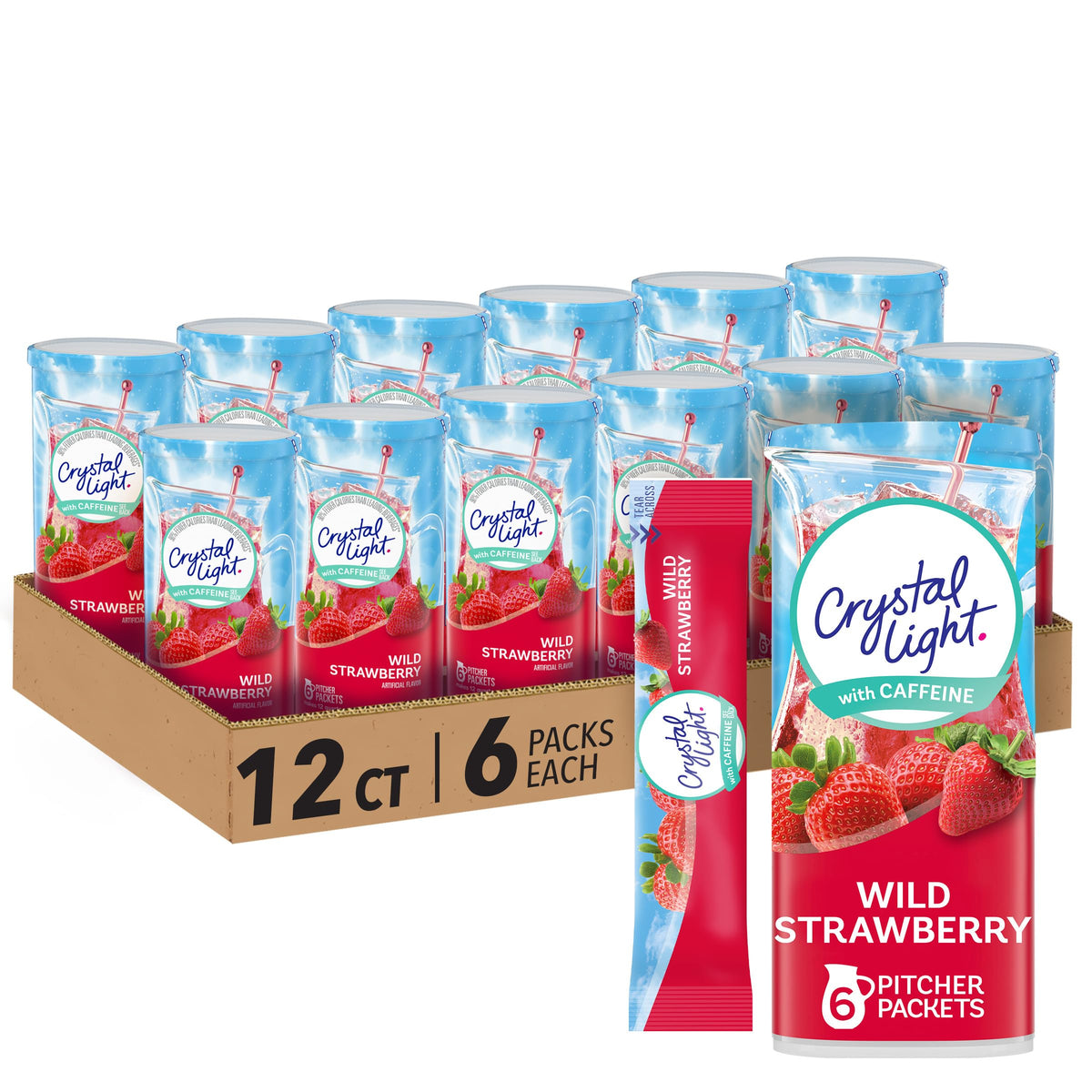 Crystal Light Wild Strawberry pitcher packets ready to mix for a sugar-free refreshment.