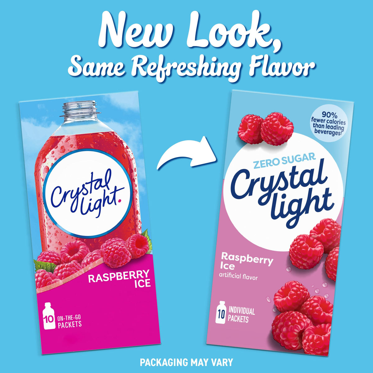 Crystal Light zero sugar label on packet emphasizes calories-friendly choice.