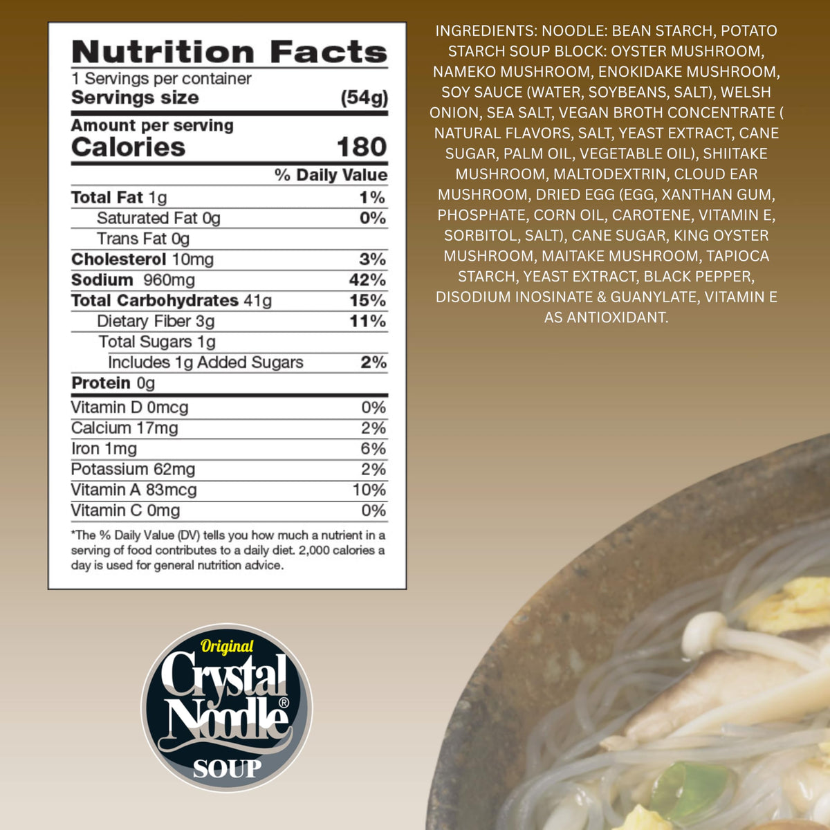 Crystal Noodle Soup enokidake-mushrooms slices delicate texture in warm broth.