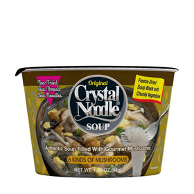 Crystal Noodle Soup six-mushrooms in broth bowl for a quick, satisfying lunch.