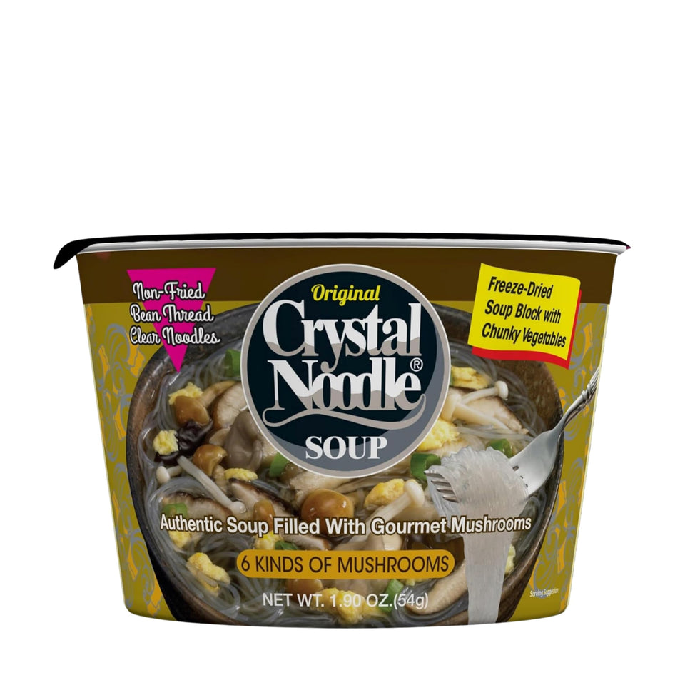 Crystal Noodle Soup six-mushrooms in broth bowl for a quick, satisfying lunch.