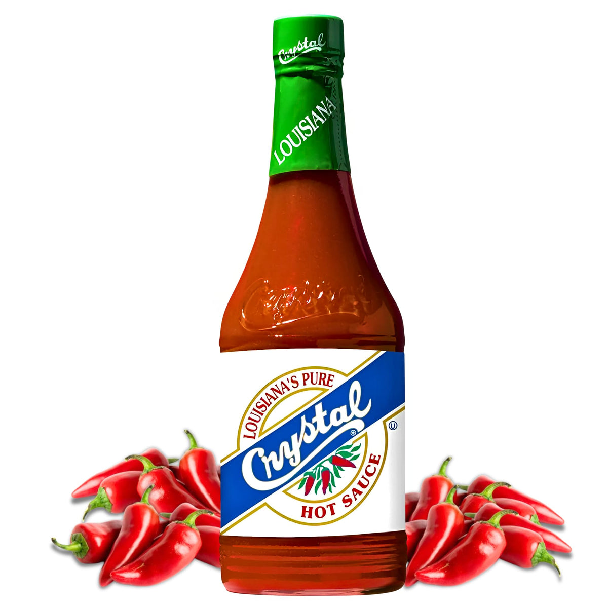 Crystal Original Hot Sauce pack of six bottles on display.