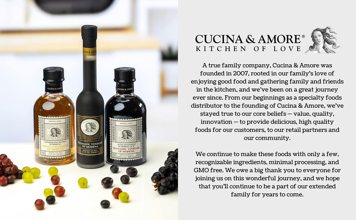 Cucina Amore balsamic reduction drape for rich finish on proteins and vegetables.