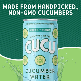 CUCU cucumber juice with lemon can close-up shows a clean three-ingredient formula.