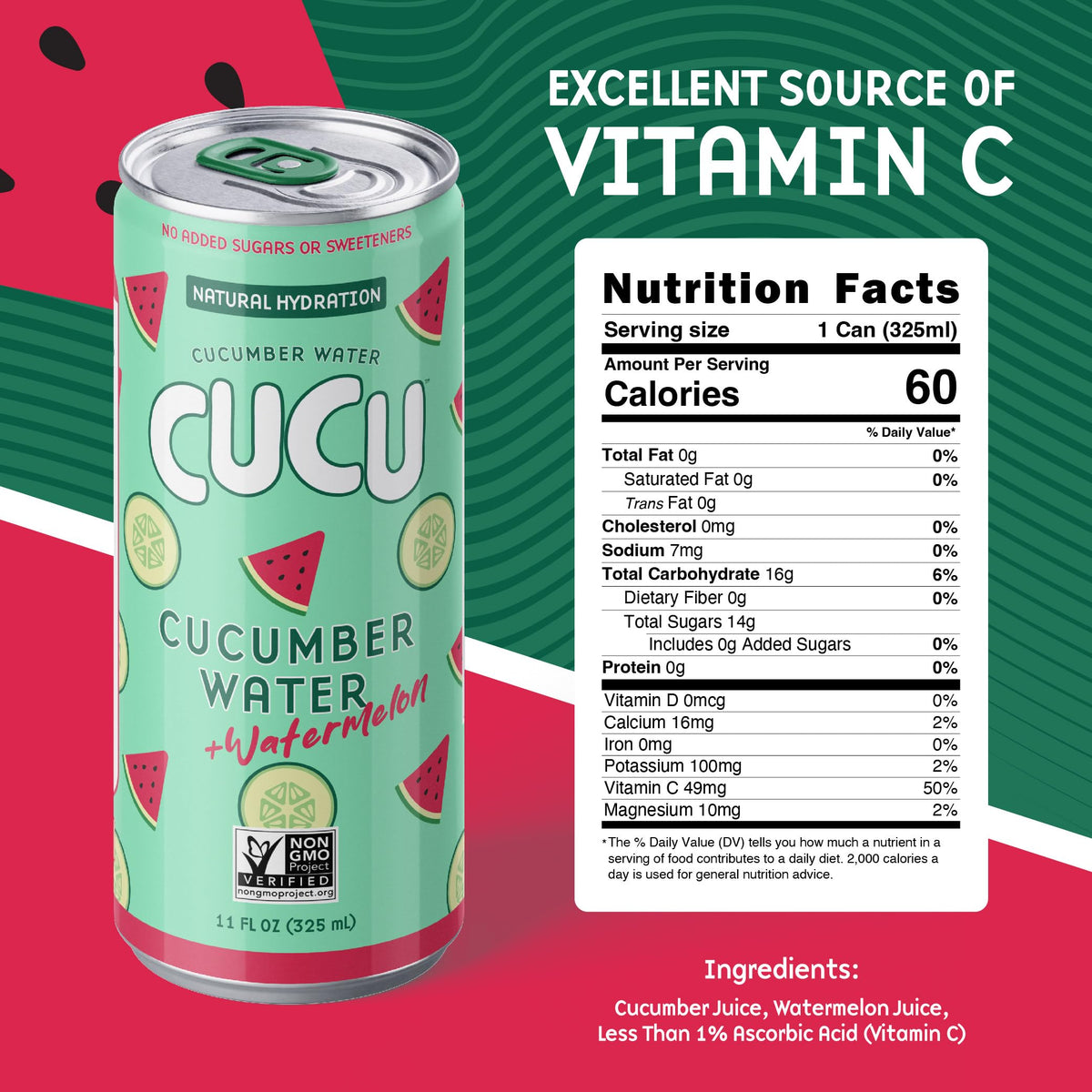 CUCU can side view emphasizes clean ingredients and no added sugar.