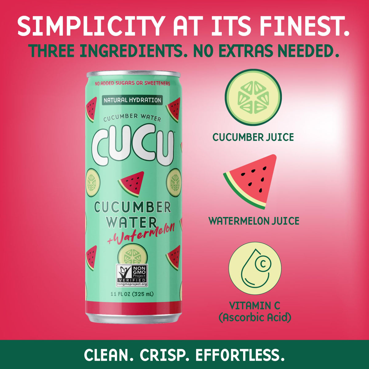CUCU ingredients panel close-up highlights cucumber and watermelon juices with vitamin C.