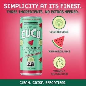 CUCU ingredients panel close-up highlights cucumber and watermelon juices with vitamin C.