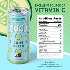 CUCU three-ingredient can highlights cucumber, lemon, and vitamin C for natural hydration.