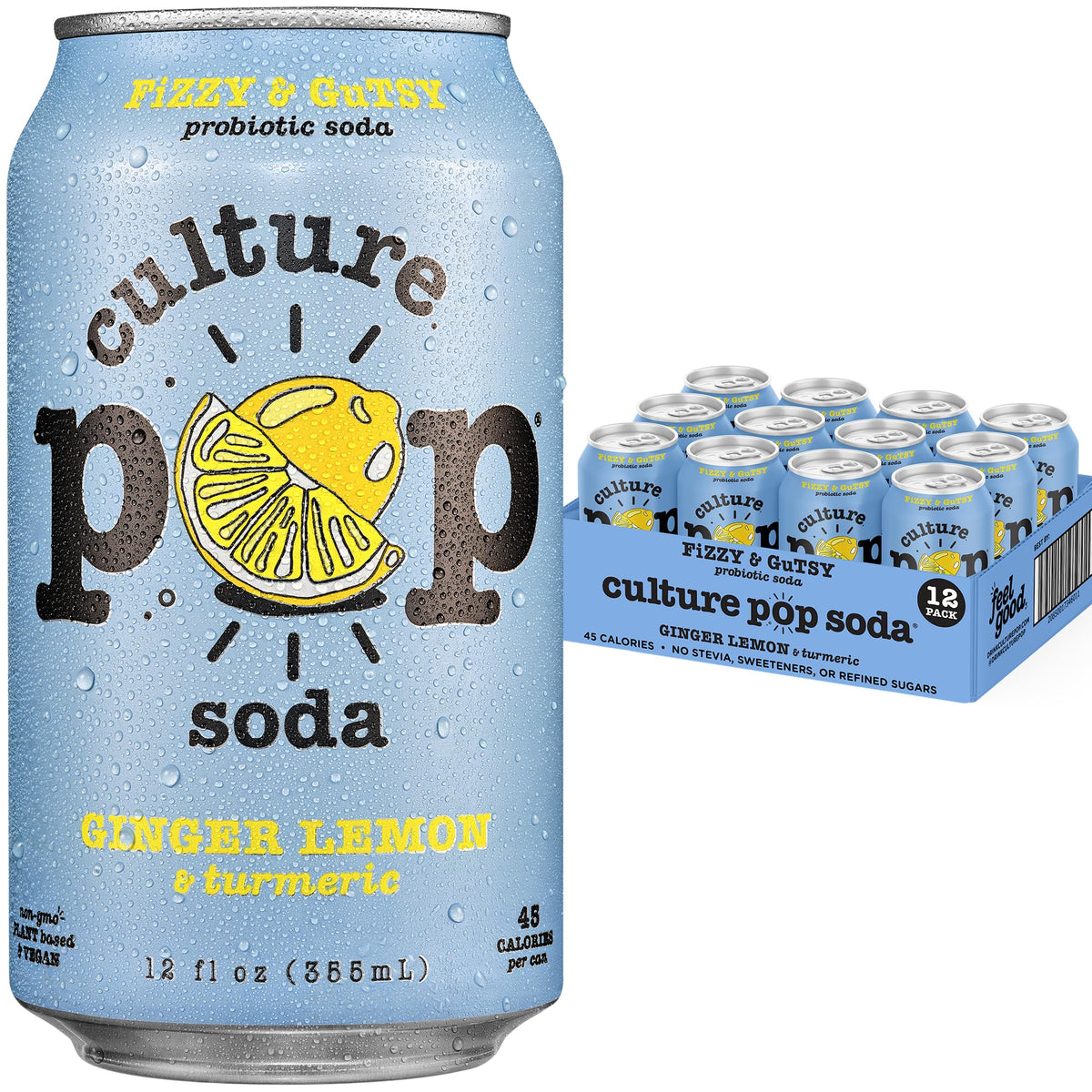 Culture Pop Ginger Lemon Turmeric can with vibrant label and bubbles.