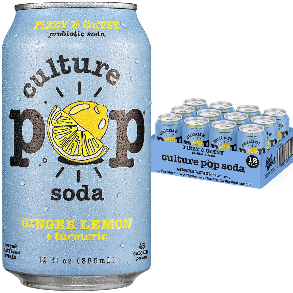 Culture Pop Ginger Lemon Turmeric can with vibrant label and bubbles.