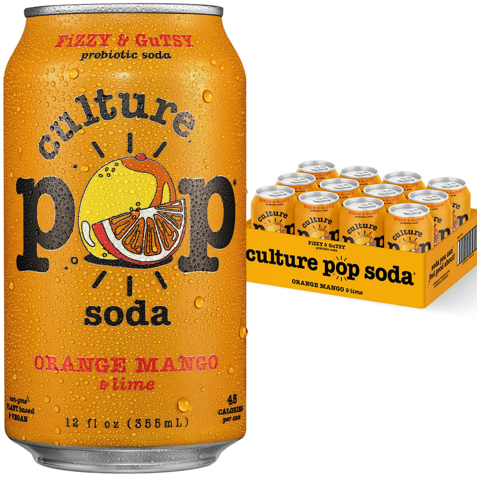 Culture Pop Orange Mango Lime can with probiotic, low-sugar refreshment.