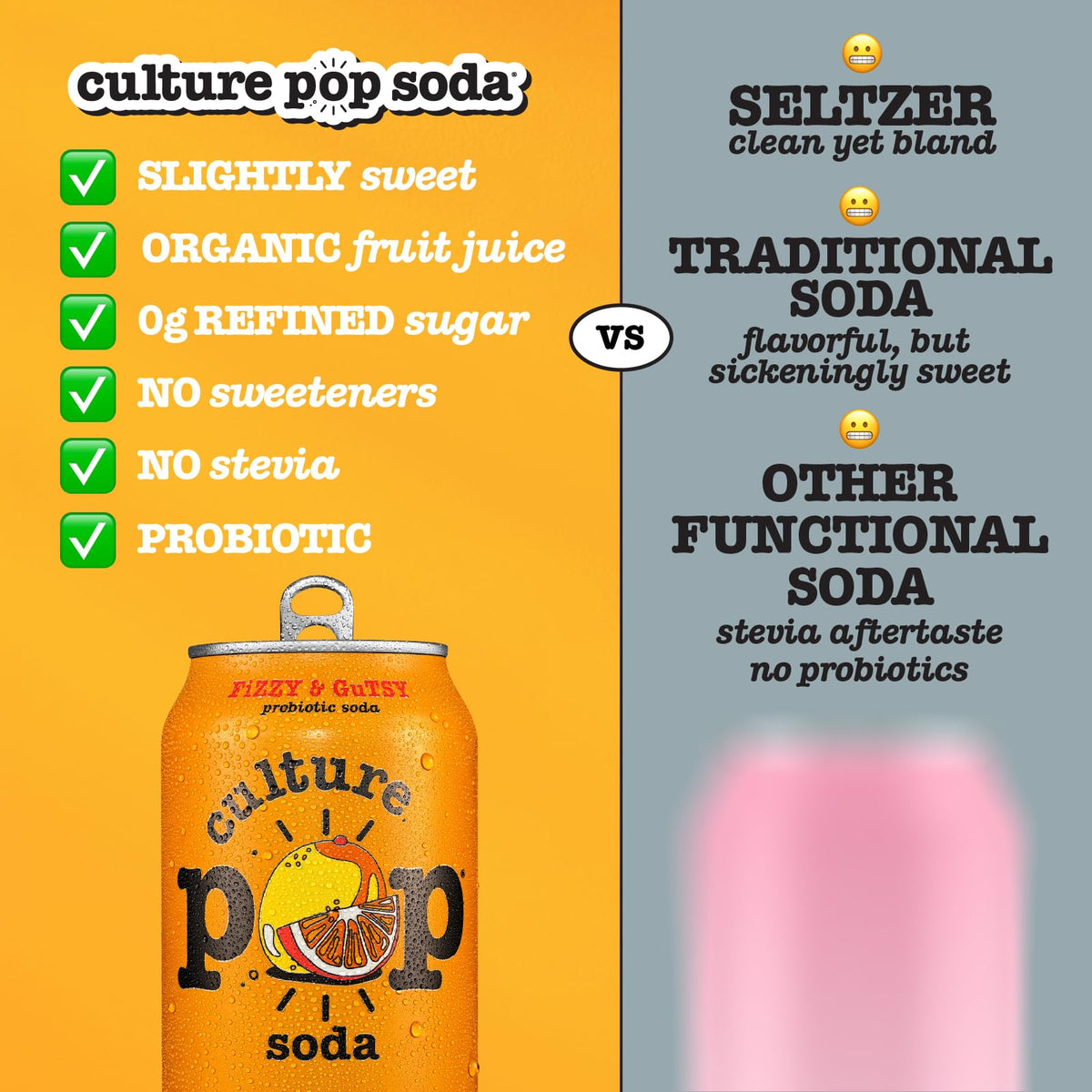 Culture Pop probiotic soda can label highlights non-GMO, kosher, gluten-free qualities.