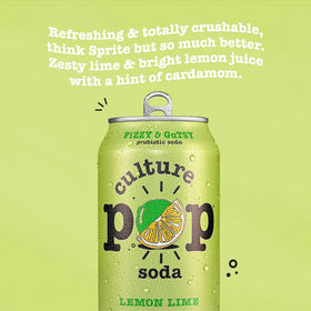 Culture Pop Lemon Lime 12-pack on a kitchen counter demonstrates convenient family-size option.