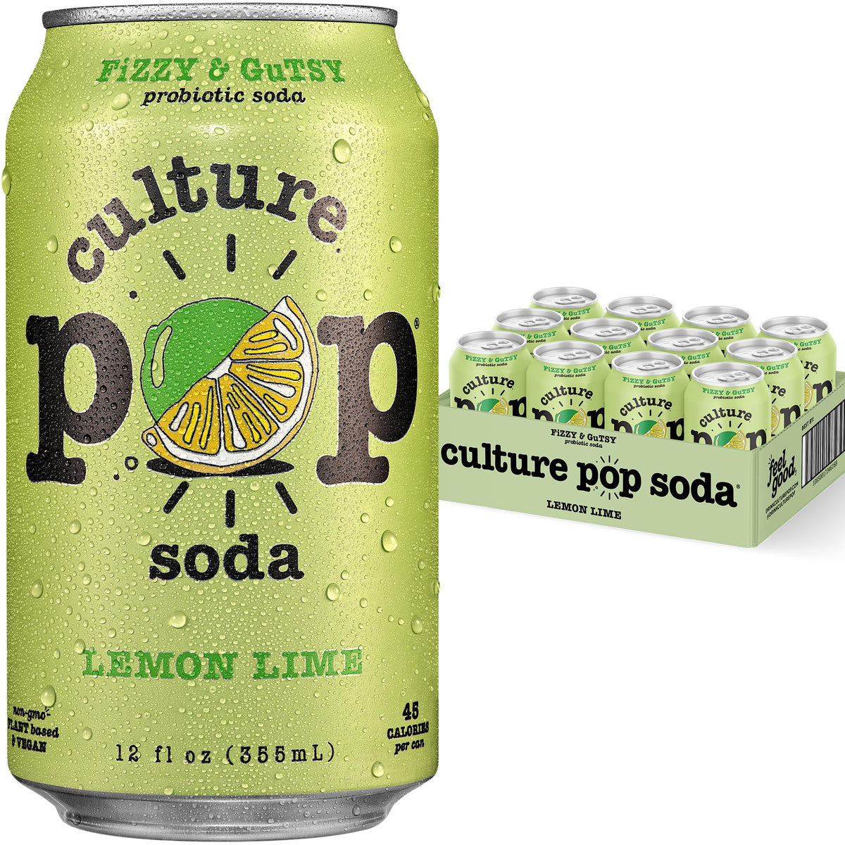 Culture Pop Lemon Lime can front view highlights bold citrus flavor and probiotic benefits.