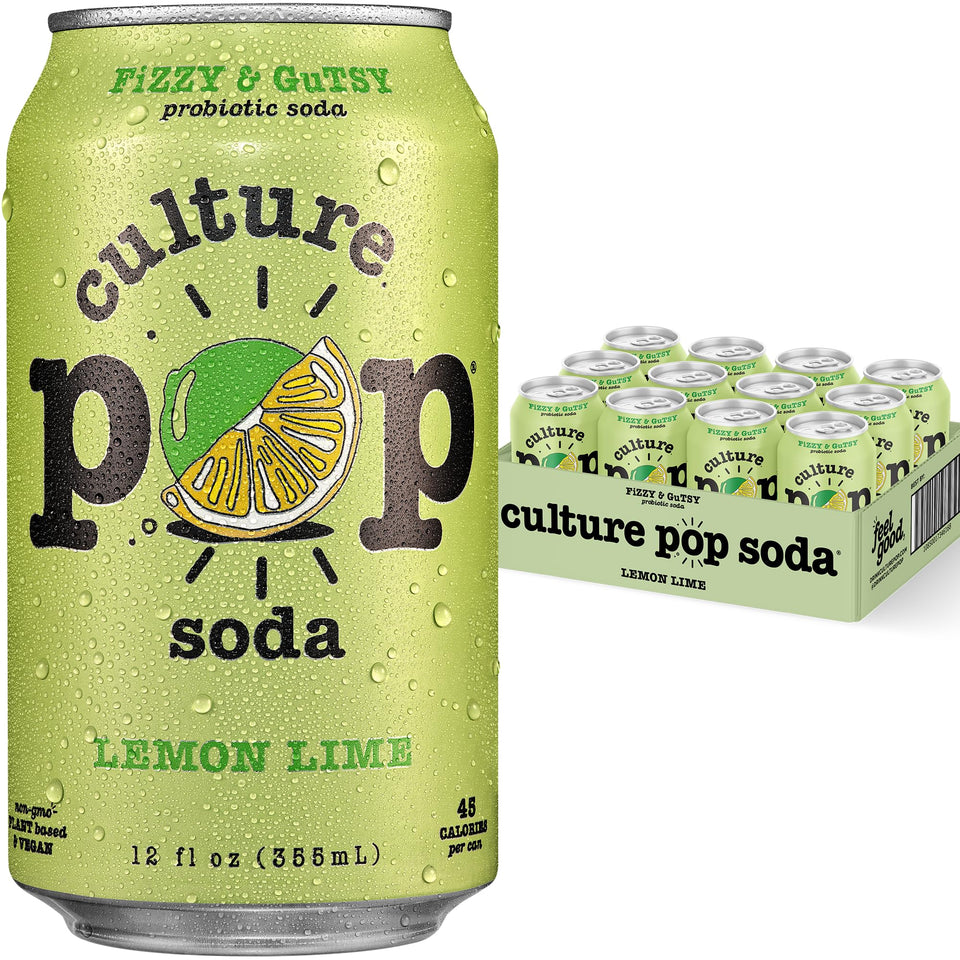 Culture Pop Lemon Lime can front view highlights bold citrus flavor and probiotic benefits.