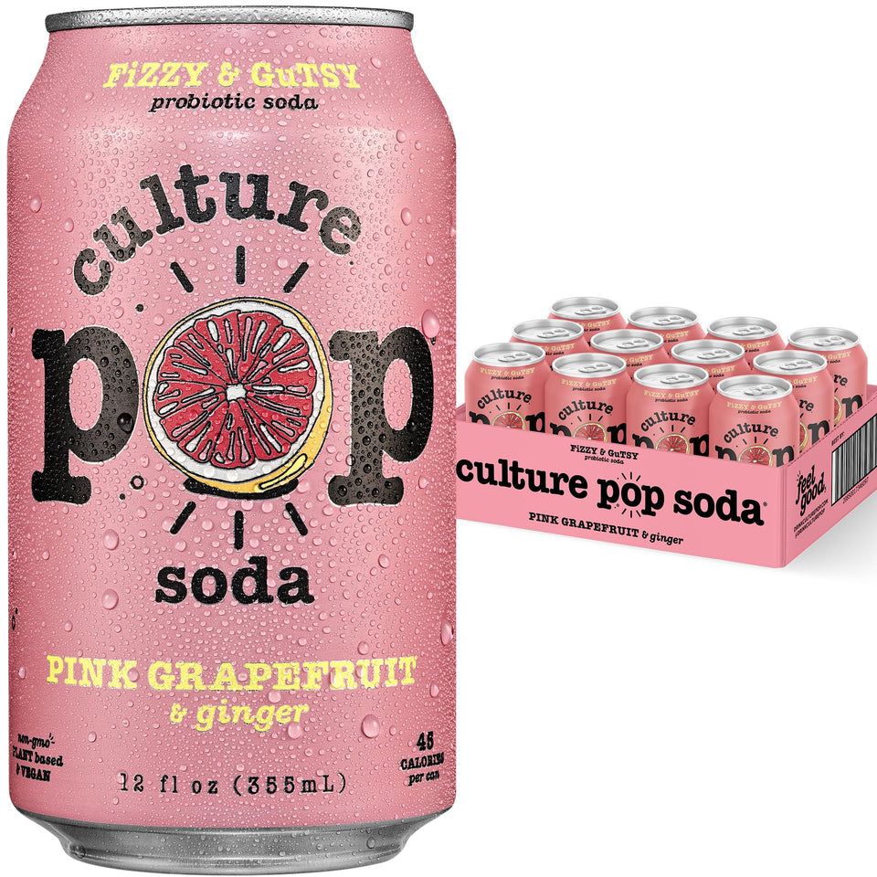 Culture Pop Pink Grapefruit & Ginger can front view, a refreshing probiotic soda option.