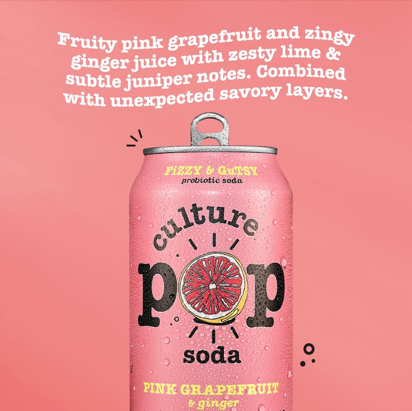 Culture Pop Pink Grapefruit & Ginger label graphic, emphasizing natural fruit juice sweetness.