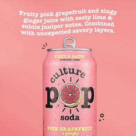 Culture Pop Pink Grapefruit & Ginger label graphic, emphasizing natural fruit juice sweetness.