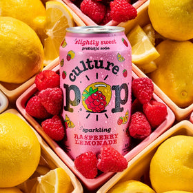 Culture Pop probiotic bubbles shimmer in a can, signaling live CFUs.