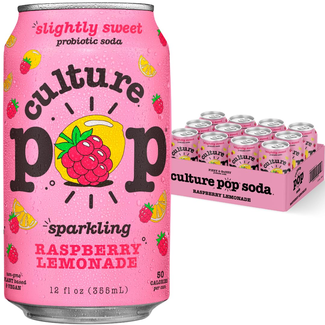 Culture Pop Raspberry Lemonade can with probiotic bubbles for a low-sugar refreshment.
