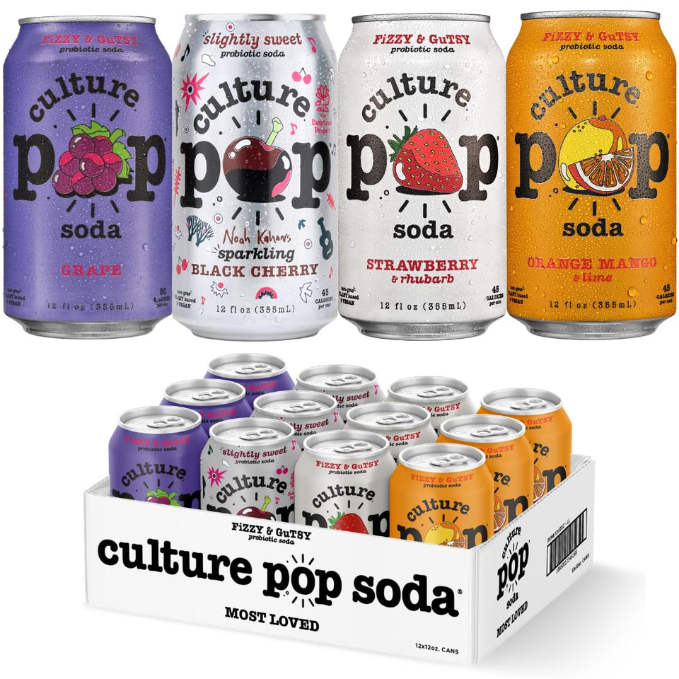 Culture Pop Soda variety-pack flavors display, ideal for gatherings