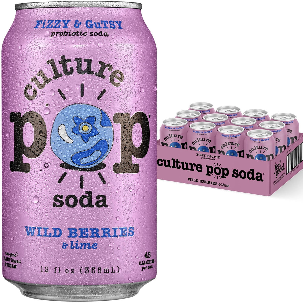 Culture Pop Wild Berries & Lime can front — probiotic, low-sugar refreshment.