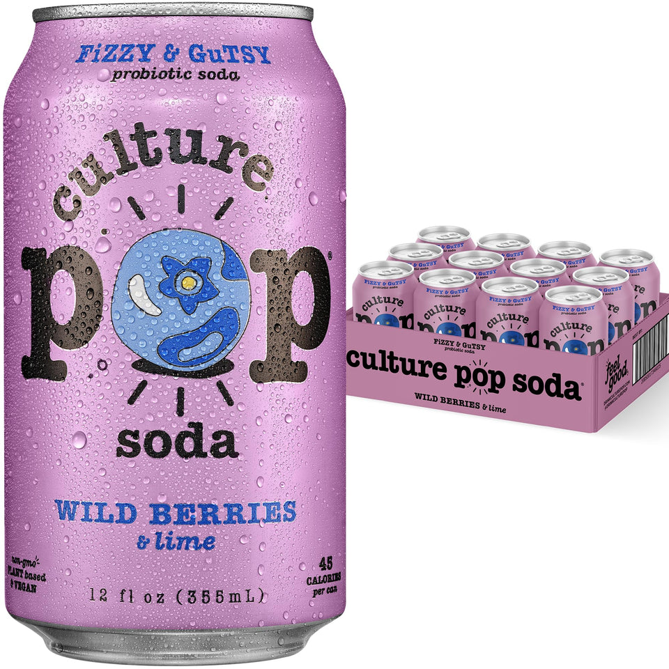 Culture Pop Wild Berries & Lime can front — probiotic, low-sugar refreshment.