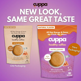 Cuppa adaptogens and MCT energy bottle highlights mood support and steady energy.
