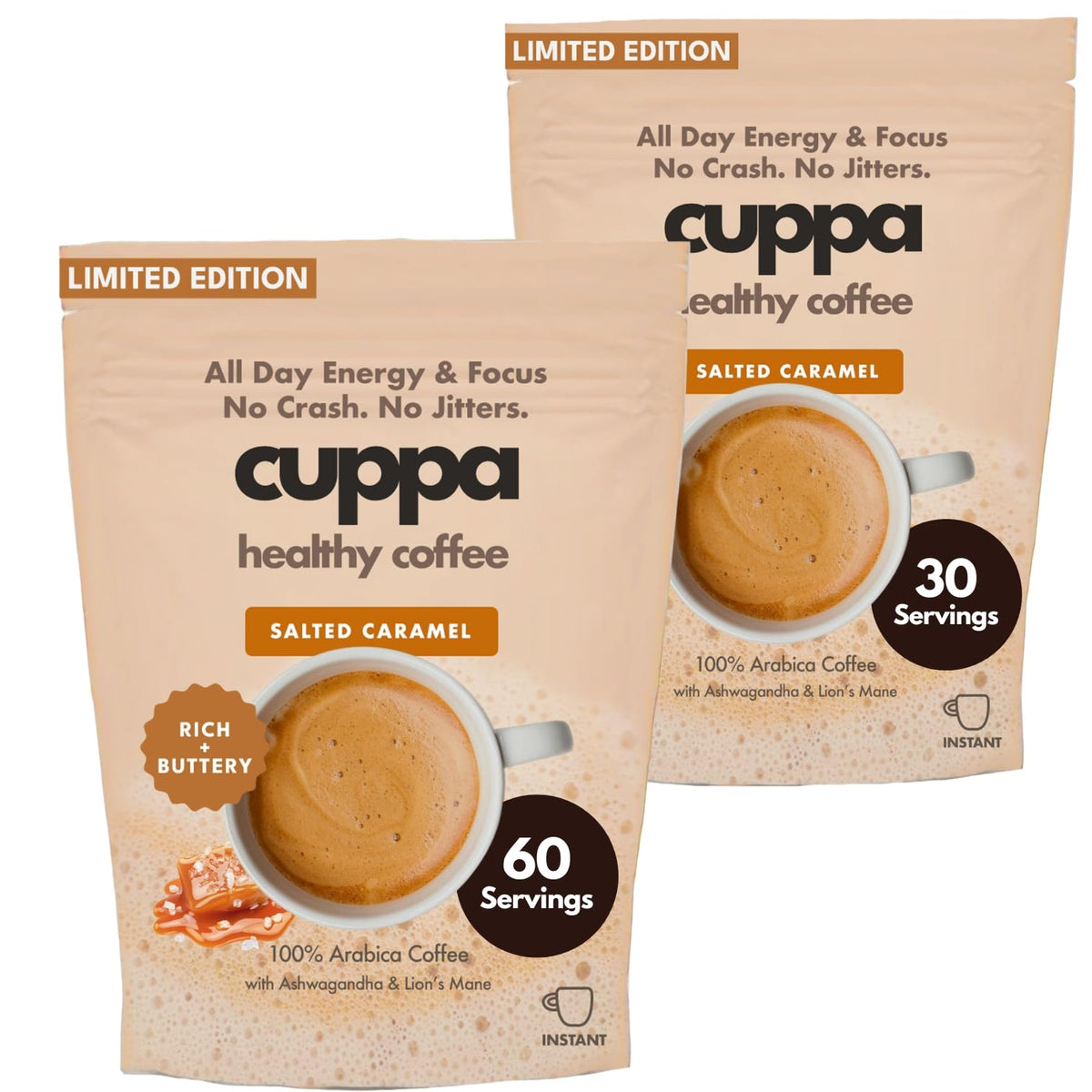 Cuppa Coffee Salted Caramel flavor label showing mushrooms and adaptogens for steady energy.