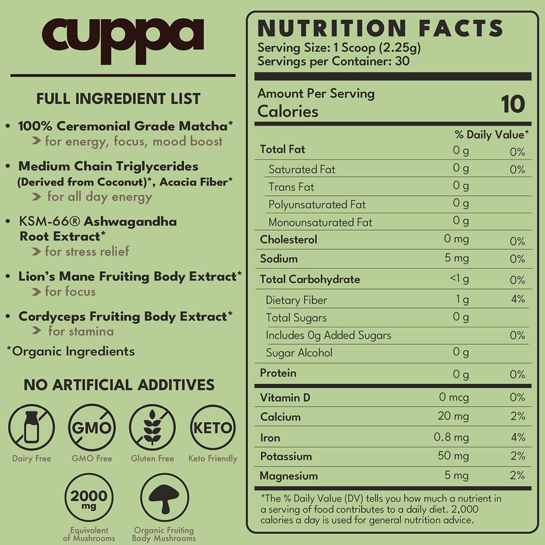 Cuppa Healthy Coffee ashwagandha blend with ceremonial matcha for balanced calm
