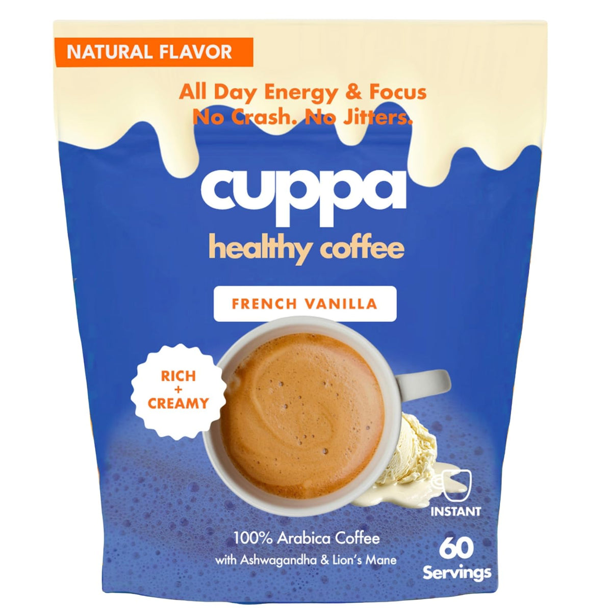 Cuppa Healthy Coffee French Vanilla bag showing instant mix and aroma.