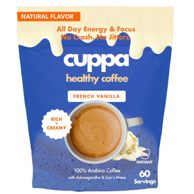 Cuppa Healthy Coffee French Vanilla bag showing instant mix and aroma.