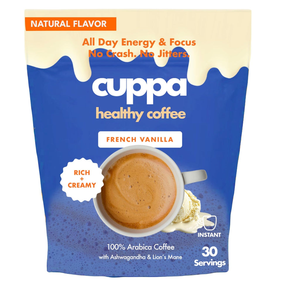 Cuppa Healthy Coffee French Vanilla bottle pour promotes quick morning energy.