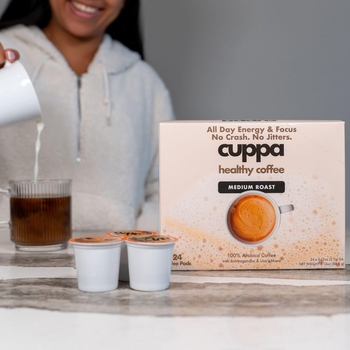 Cuppa Healthy Coffee steaming cup suggesting steady morning energy