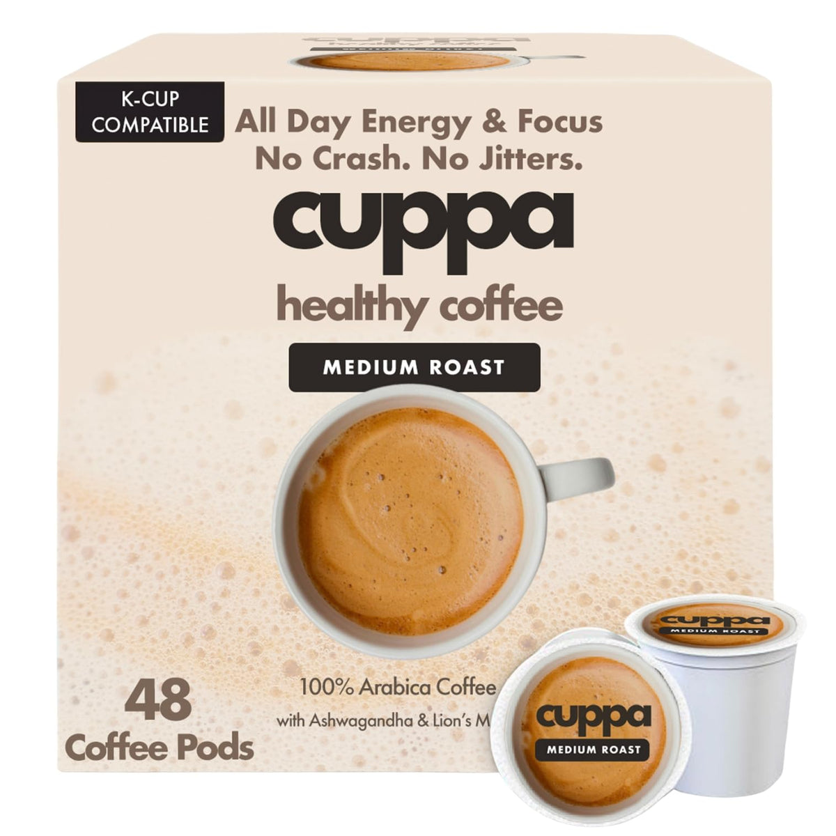 Cuppa Medium Roast Mushroom Coffee front pack highlights premium blend for daily energy.