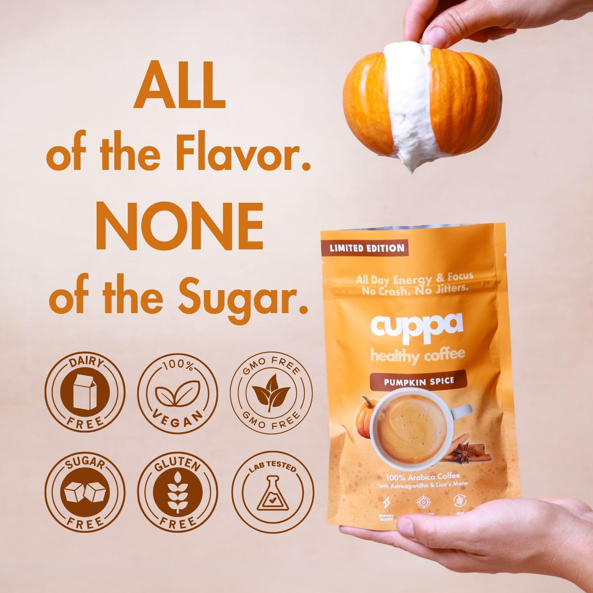 Cuppa Pumpkin Spice Mushroom Coffee ingredients showcase adaptogens and MCT blend