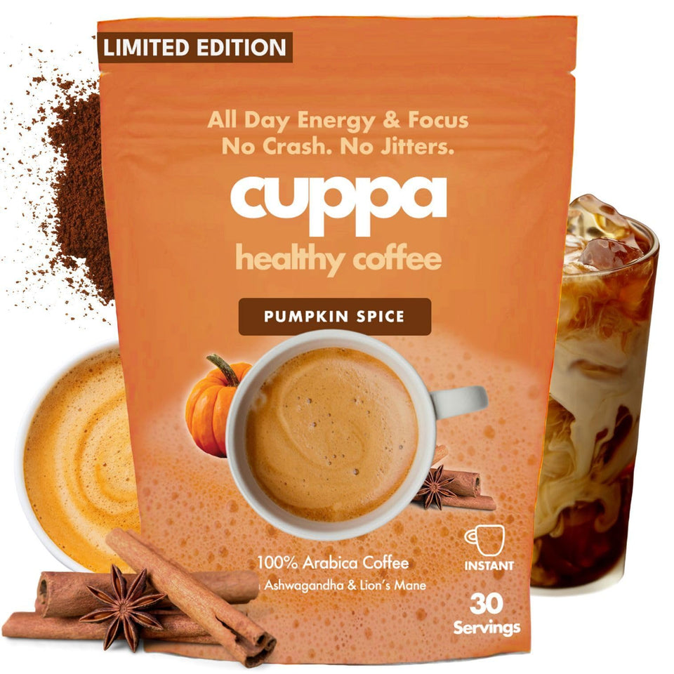 Cuppa Pumpkin Spice Mushroom Coffee jar close-up highlighting energy support