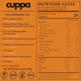 Cuppa Pumpkin Spice Coffee packaging image emphasizes 30-serving bag convenience