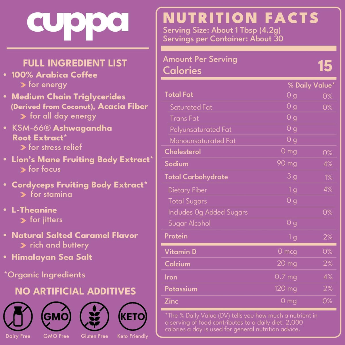 Cuppa Salted Caramel Mushroom Coffee cup shows rich flavor for focused moments.