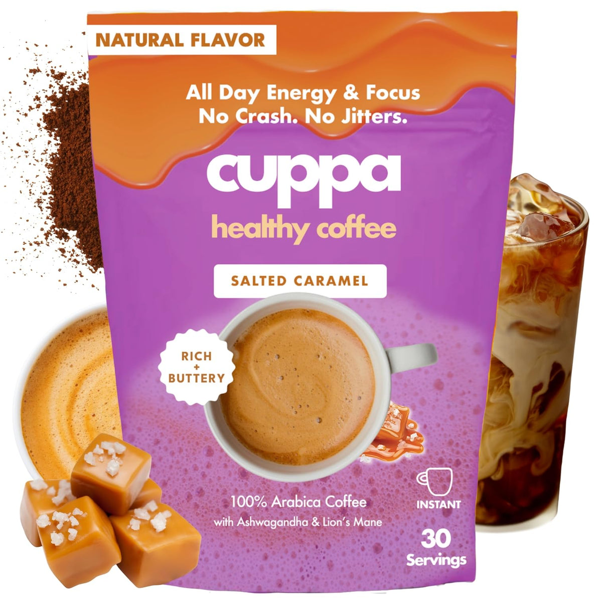 Cuppa Salted Caramel Mushroom Coffee packaging highlights adaptogens for natural energy and focus.
