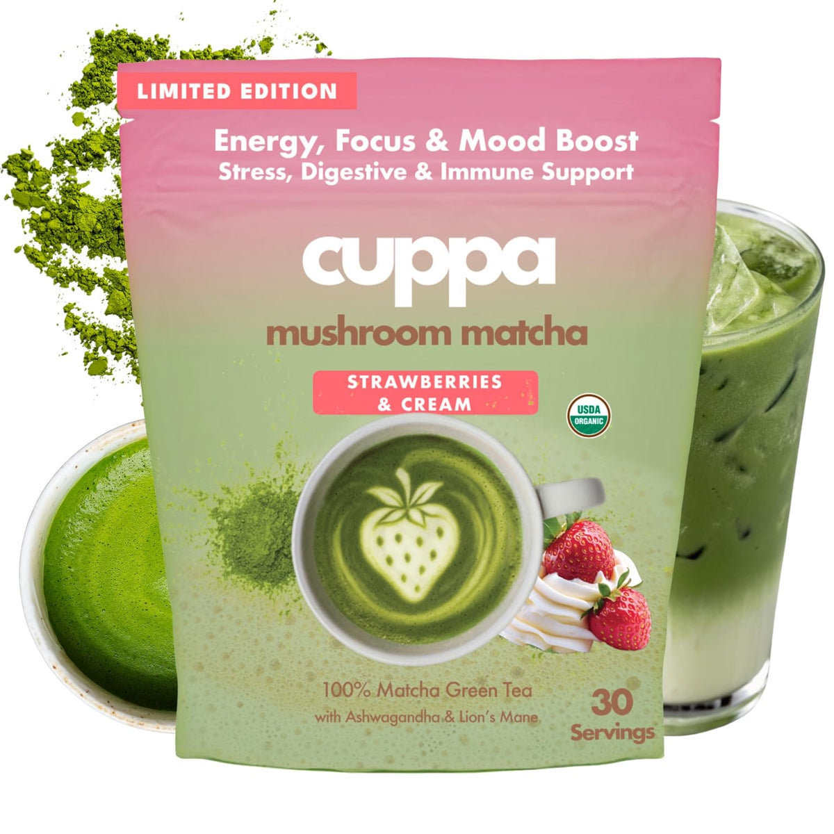 Cuppa Strawberries and Cream Matcha bottle highlighting premium ceremonial blend for daily energy.