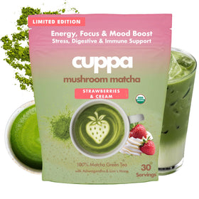 Cuppa Strawberries and Cream Matcha bottle highlighting premium ceremonial blend for daily energy.