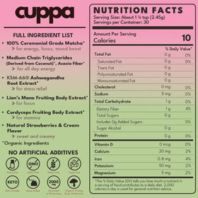 Cuppa Strawberries and Cream Matcha label close-up featuring lion's mane and cordyceps benefits.