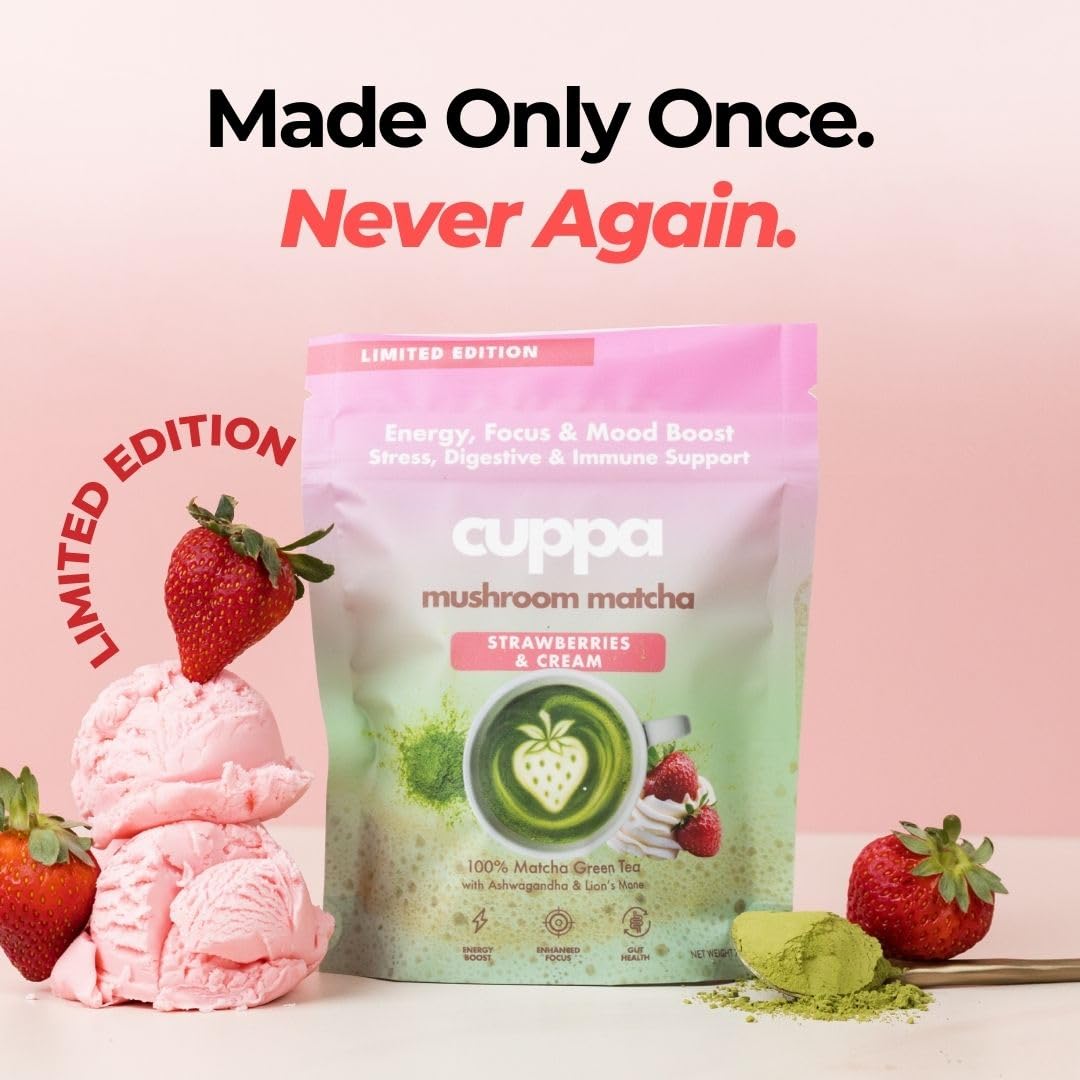 Cuppa Strawberries and Cream Matcha powder with vibrant ceremonial grade tea.