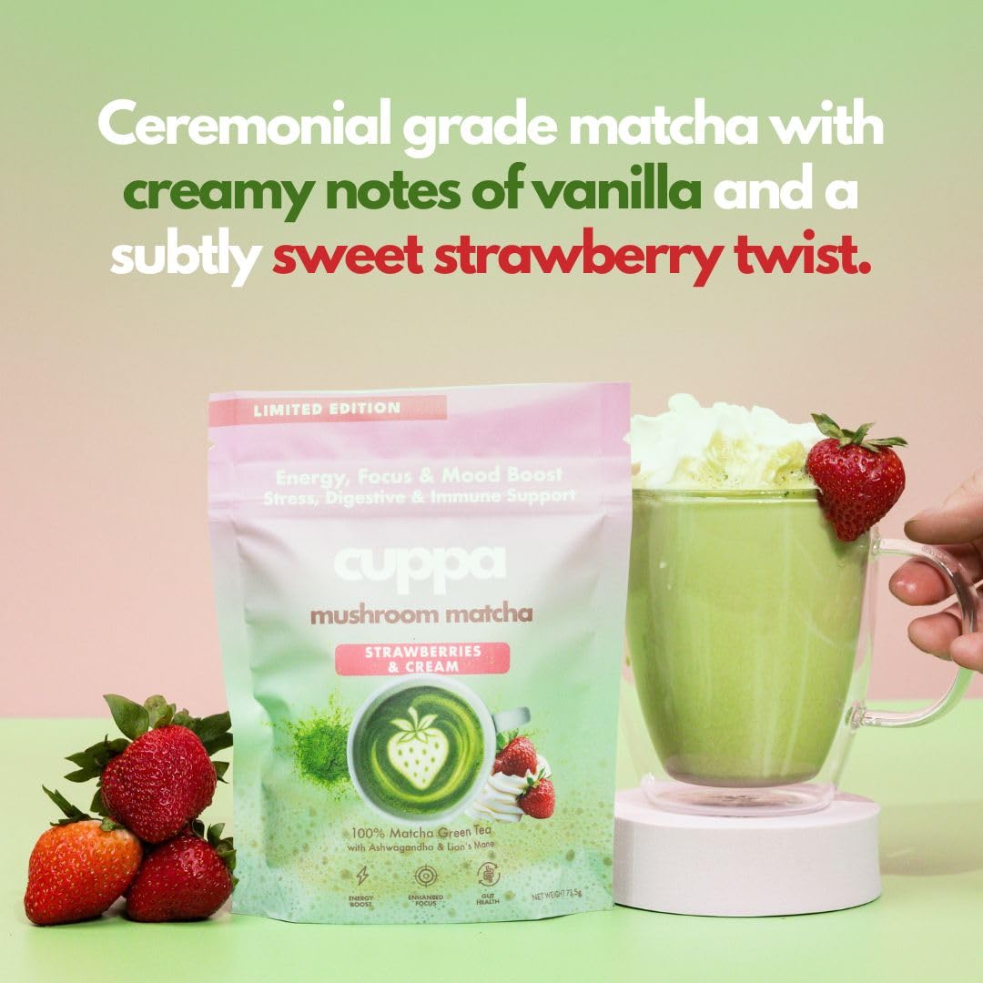 Cuppa Strawberries and Cream Matcha served cup ready for a mindful morning ritual.