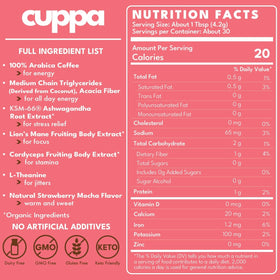 Cuppa Strawberry Mocha label close-up highlights adaptogens for focused daytime moments.