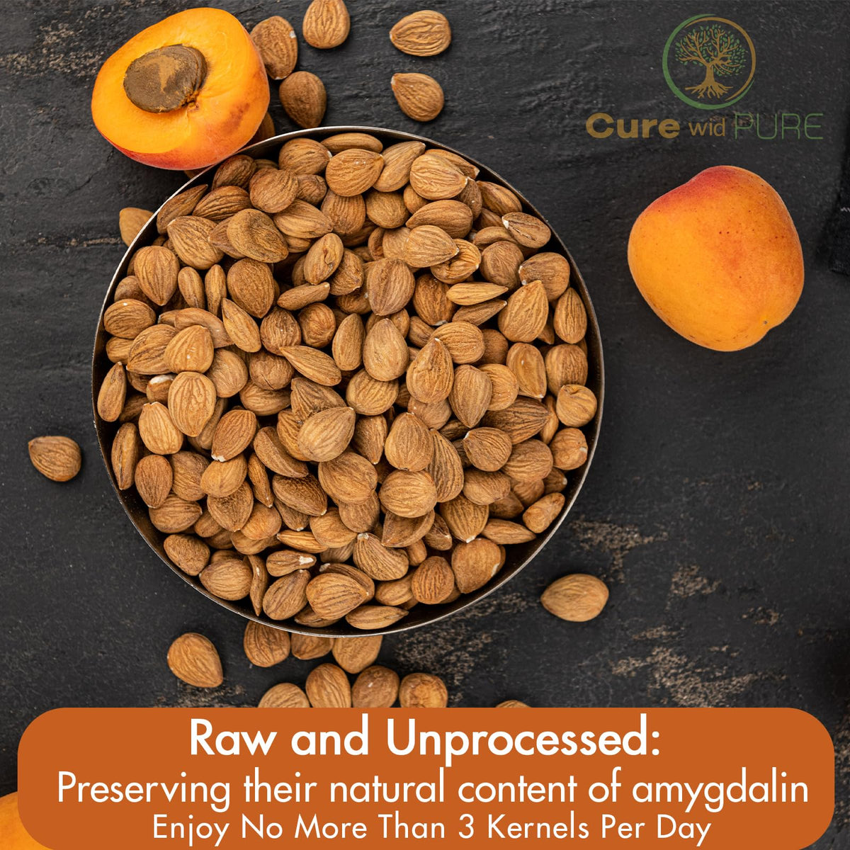 Cure wid Pure apricot seeds in bowl ready for snacking