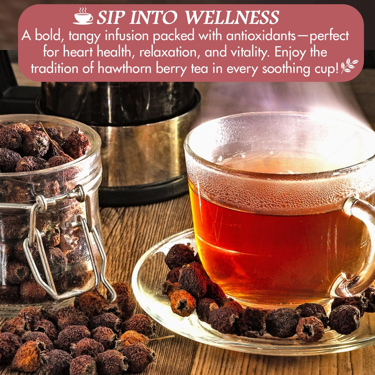Cure Wid Pure brewed hawthorn tea cup showing rich ruby infusion